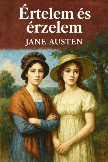 Book cover for Jane Austen's 'Értelem és érzelem' featuring a painted portrait of two young women standing outdoors, with a dark reddish-brown title band at the top and white text.