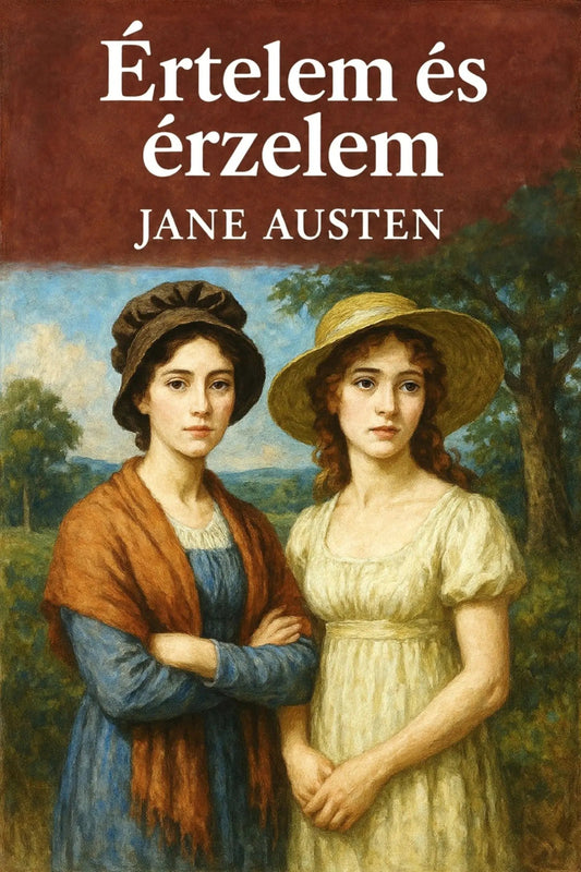 Book cover for Jane Austen's 'Értelem és érzelem' featuring a painted portrait of two young women standing outdoors, with a dark reddish-brown title band at the top and white text.
