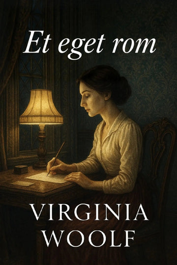 Book cover of 'Et eget rom' by Virginia Woolf featuring a woman writing at a desk with a lamp.