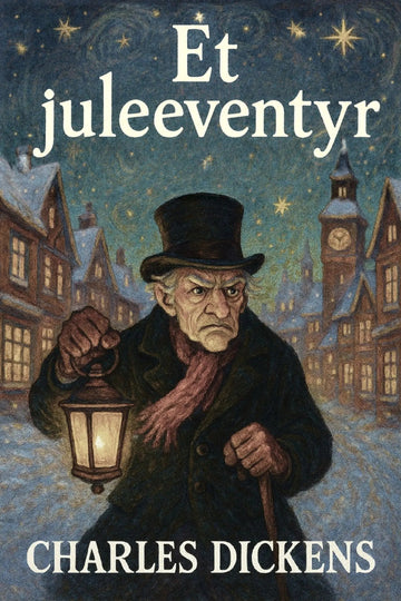 Book cover for 'Et juleeventyr' by Charles Dickens, featuring an illustrated Victorian man in a top hat and coat holding a lantern in a snowy town at night.