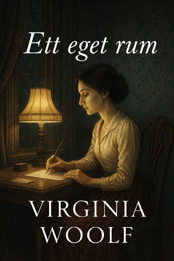 Book cover of 'Ett eget rum' by Virginia Woolf featuring a woman writing at a desk with a lamp.