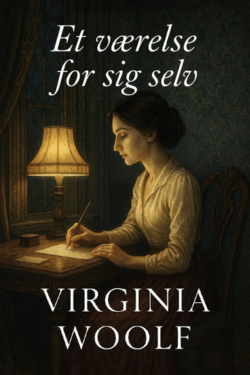 Book cover for 'Et værelse for sig selv' by Virginia Woolf, featuring a dark, moody illustration of a woman writing at a desk under a lit lamp.
