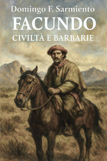 Book cover of 'Facundo: Civiltà e barbarie' by Domingo F. Sarmiento with a man on horseback illustration.