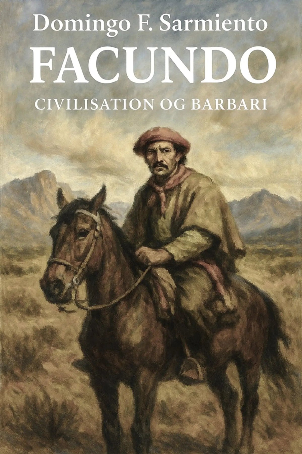 Book cover for 'Facundo: Civilisation og barbari' by Domingo F. Sarmiento, featuring a painted scene of a man riding a horse across a rugged landscape.