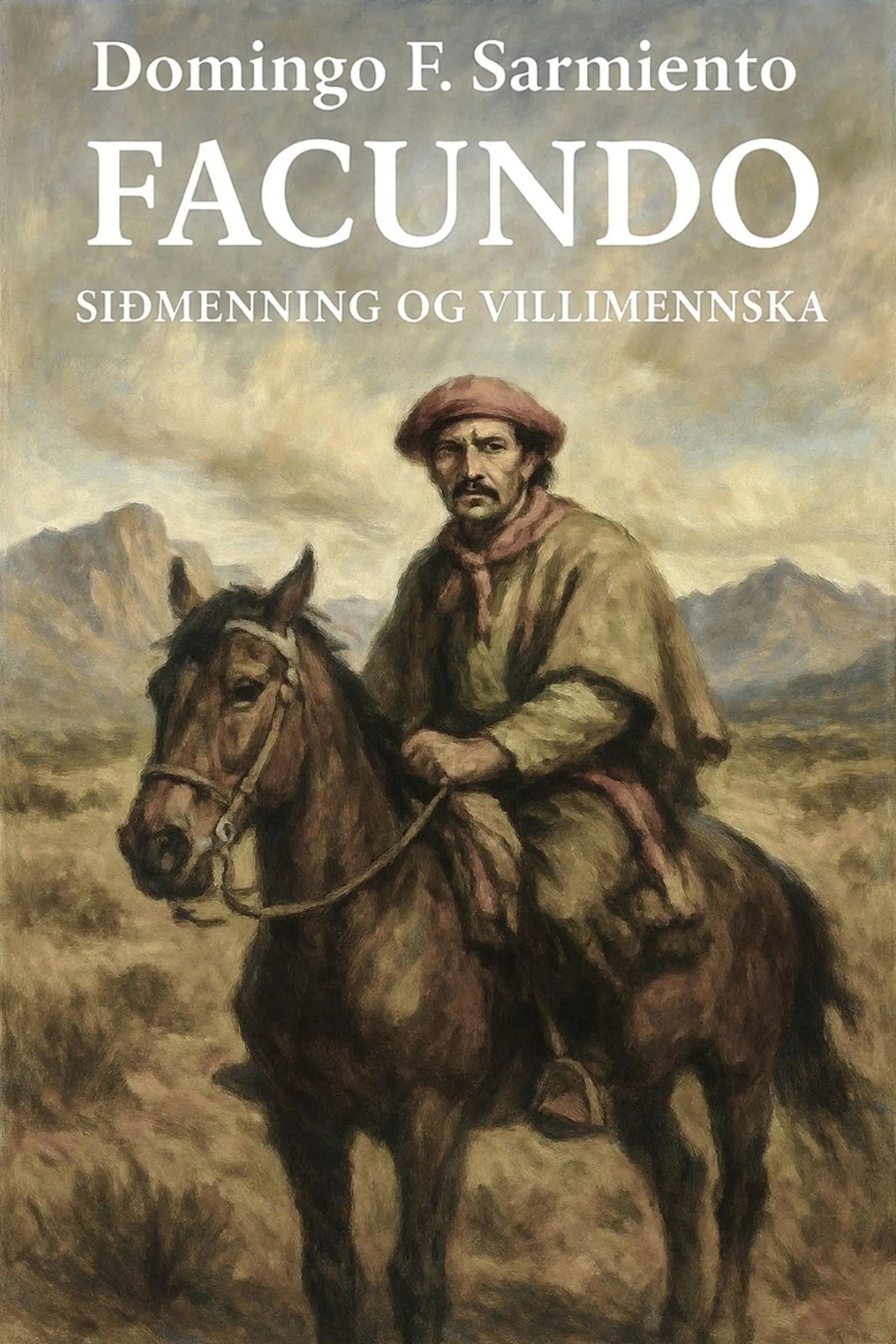 Book cover of 'Facundo: Siðmenning og villimennska' by Domingo F. Sarmiento with a man on horseback in a mountainous landscape.