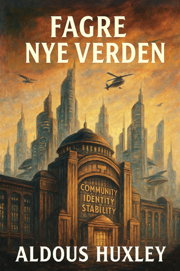 Book cover of 'Fagre nye verden' by Aldous Huxley with a futuristic cityscape and text.