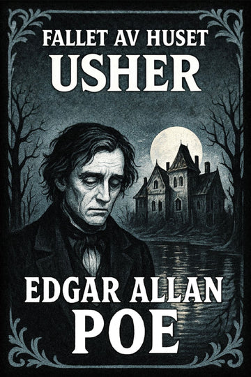 Book cover of 'Fallet av huset Usher' by Edgar Allan Poe featuring a dark scene with a man and a house.
