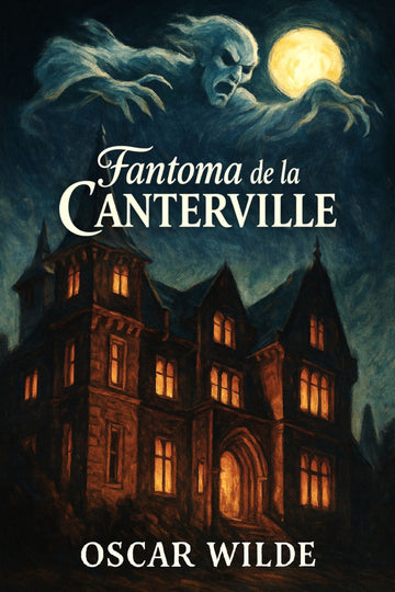 Book cover of 'Fantoma de la Canterville' by Oscar Wilde with a haunted house and ghost illustration.