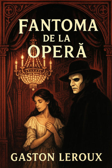Book cover of 'Fantoma de la Operă' with a masked figure and woman in a dimly lit room.