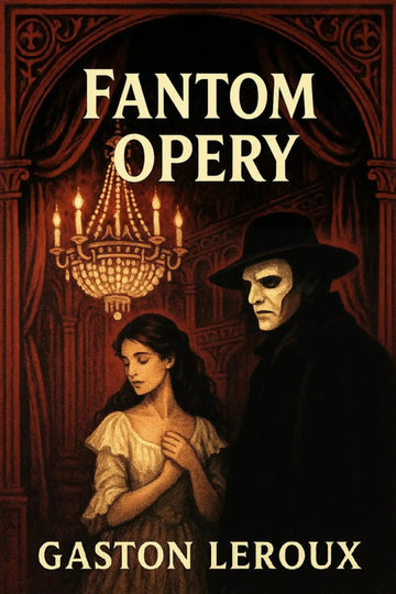 Book cover for 'Fantom opery' by Gaston Leroux, featuring a dark gothic opera-house scene with a chandelier, a woman in a light dress, and a masked man in a black hat and coat. The title and author name are printed in large cream text.