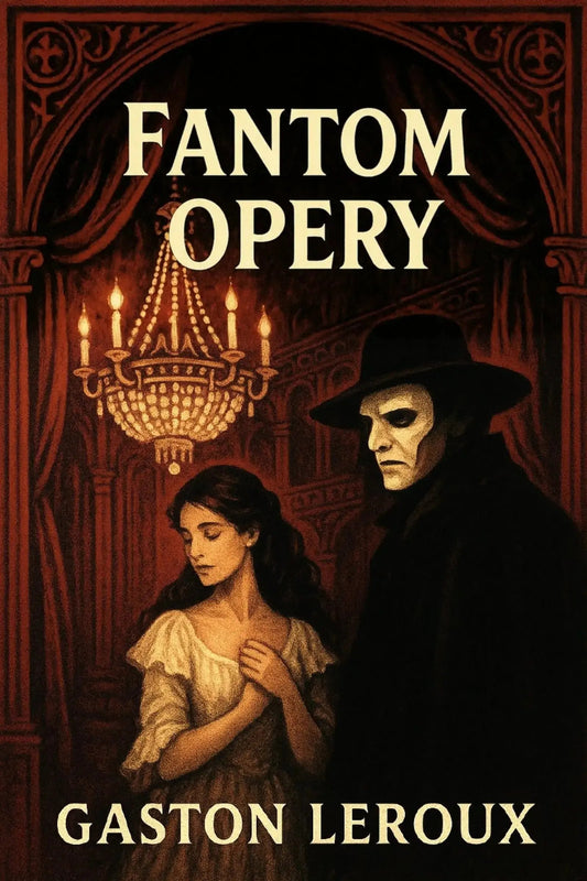 Book cover for 'Fantom opery' by Gaston Leroux, featuring a dark gothic opera-house scene with a chandelier, a woman in a light dress, and a masked man in a black hat and coat. The title and author name are printed in large cream text.