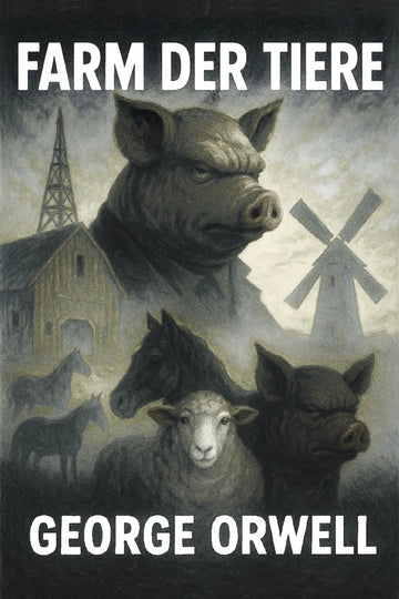 German edition book cover of 'Farm der Tiere' by George Orwell, featuring a dark, atmospheric illustration of pigs, a sheep, horses, a barn, and a windmill, with the title and author name in bold white text.