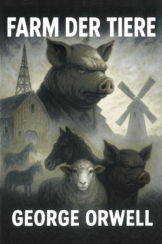 German edition book cover of 'Farm der Tiere' by George Orwell, featuring a dark, atmospheric illustration of pigs, a sheep, horses, a barn, and a windmill, with the title and author name in bold white text.