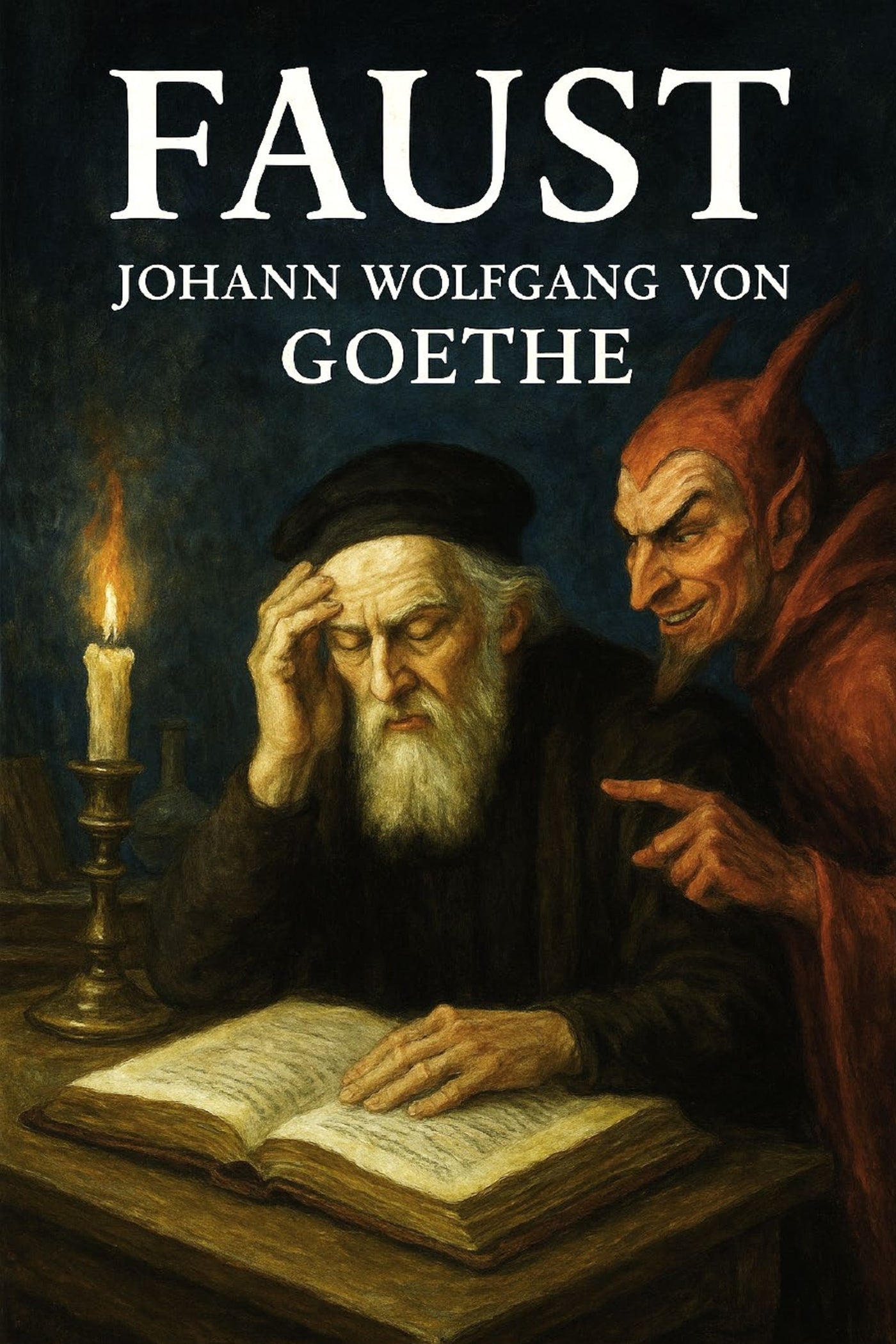 Book cover of 'Faust' by Johann Wolfgang von Goethe featuring a man and devil figure.