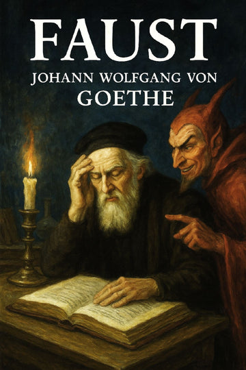 Book cover of 'Faust' by Johann Wolfgang von Goethe featuring a man and devil figure.