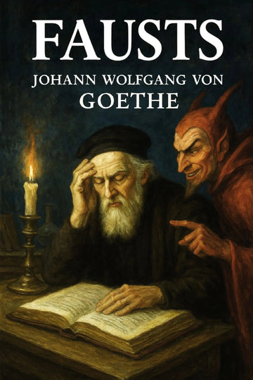 Book cover for 'Fausts' by Johann Wolfgang von Goethe, featuring a dark painting of a bearded man reading at a table with a candle, alongside a red-robed devil-like figure.