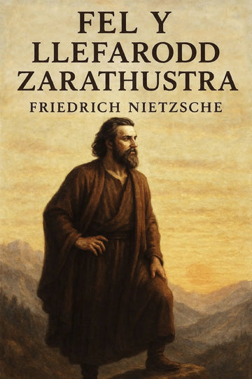 Book cover for 'Fel Y Llefarodd Zarathustra' by Friedrich Nietzsche, featuring a painted portrait of Zarathustra in a brown robe against a warm yellow and beige mountain landscape.