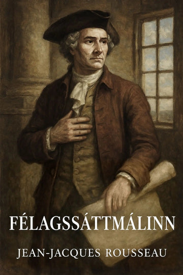 Book cover for 'Félagssáttmálinn' by Jean-Jacques Rousseau, featuring a classical oil painting portrait of Rousseau in a dark tricorne, brown coat, and beige vest, holding a rolled scroll in a dimly lit room.