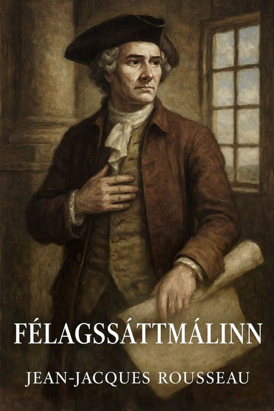 Book cover for 'Félagssáttmálinn' by Jean-Jacques Rousseau, featuring a classical oil painting portrait of Rousseau in a dark tricorne, brown coat, and beige vest, holding a rolled scroll in a dimly lit room.