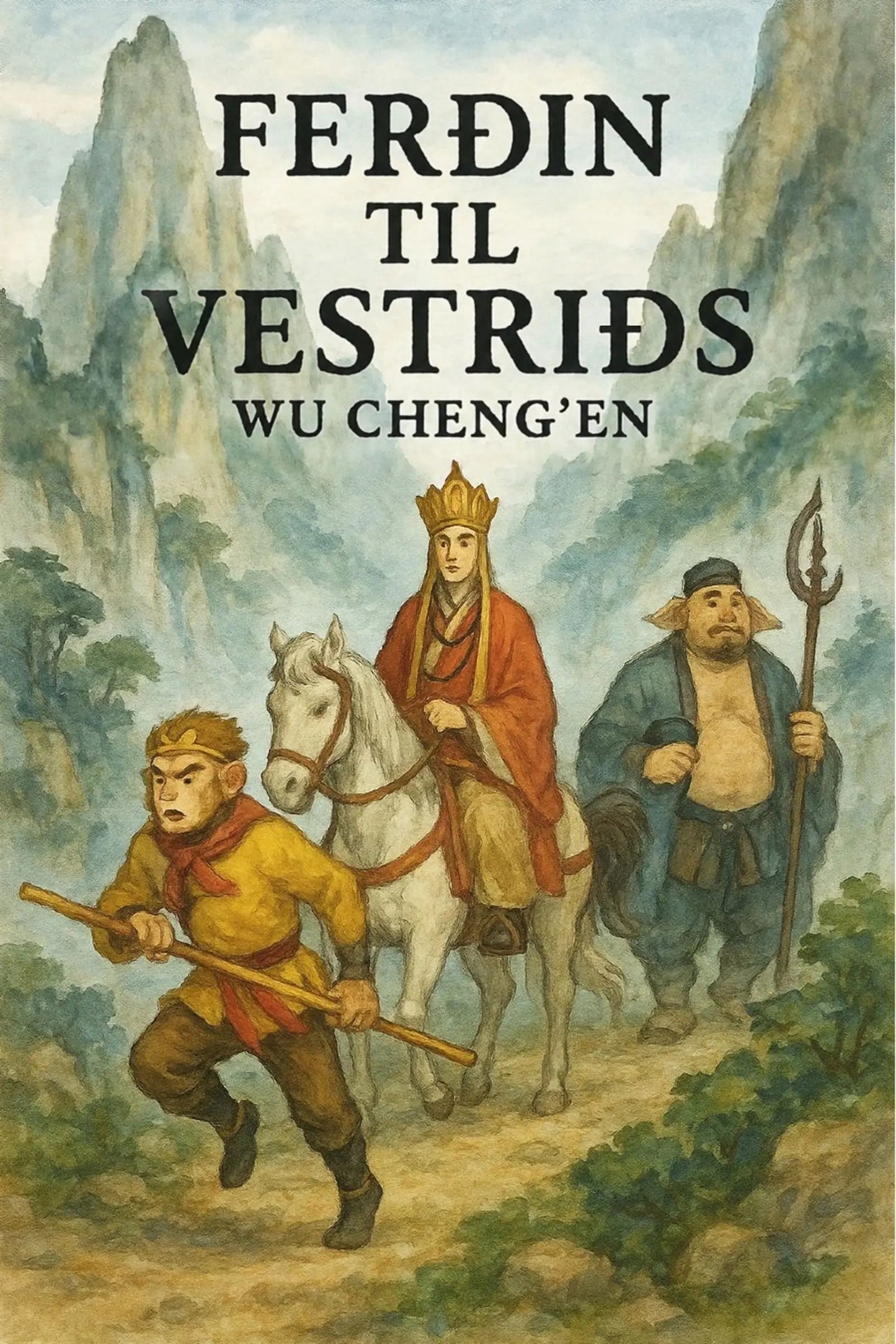 Book cover for 'Ferðin til Vestriðs' by Wu Cheng'en, featuring an illustrated scene of three figures traveling through a mountain landscape. A man in a red robe and crown rides a white horse, accompanied by a boy in yellow and a bearded man in blue holding a spear.