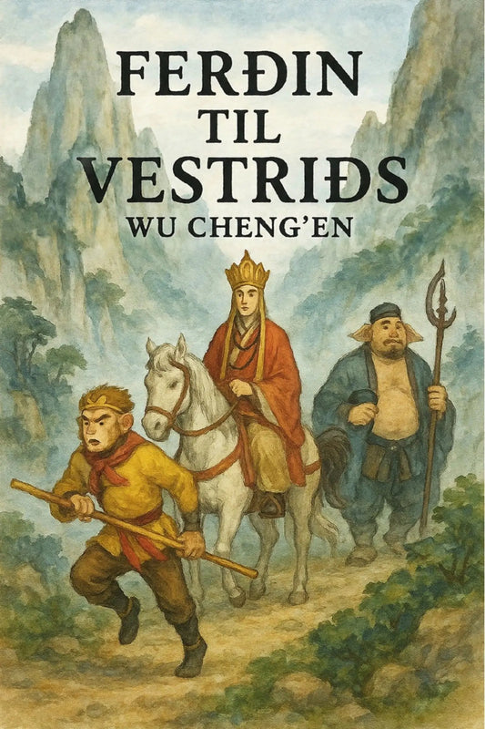 Book cover for 'Ferðin til Vestriðs' by Wu Cheng'en, featuring an illustrated scene of three figures traveling through a mountain landscape. A man in a red robe and crown rides a white horse, accompanied by a boy in yellow and a bearded man in blue holding a spear.
