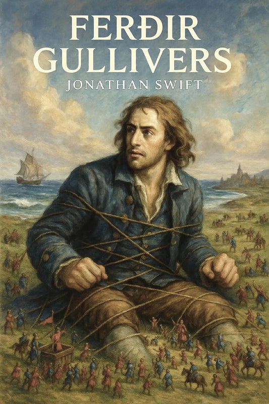 Book cover for 'Ferðir Gullivers' by Jonathan Swift, featuring a painted historical scene of a large seated man bound with ropes on a beach, with ships and small figures in the background. The title and author name are printed at the top in white text.