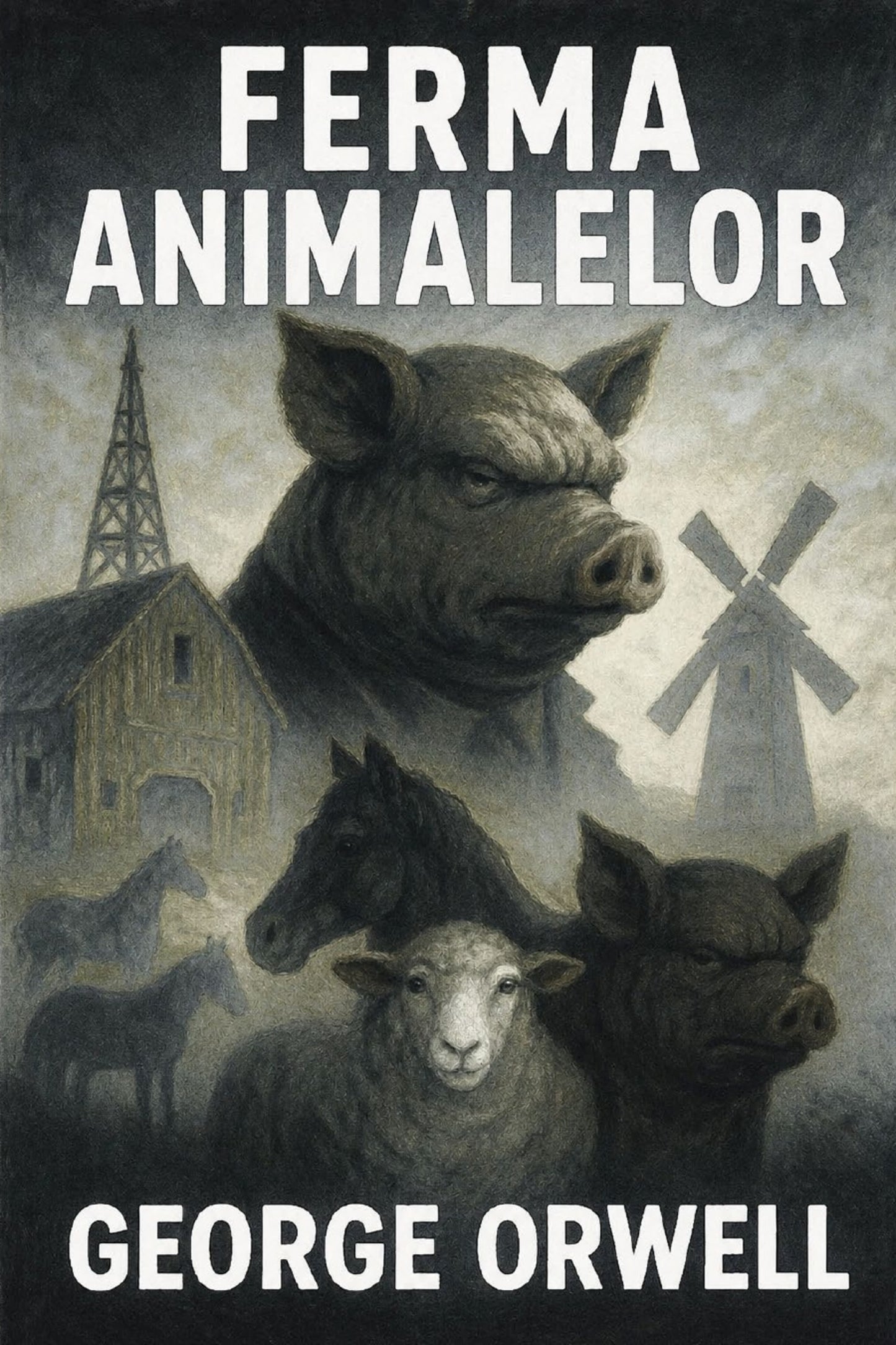 Book cover of 'Ferma animalelor' by George Orwell featuring animals and a windmill.