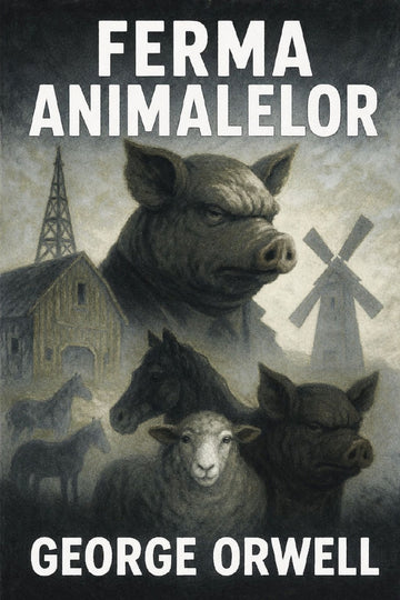 Book cover of 'Ferma animalelor' by George Orwell featuring animals and a windmill.
