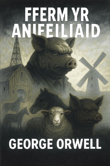 Book cover of 'Fferm yr Anifeiliaid' by George Orwell with animals and a windmill in the background.