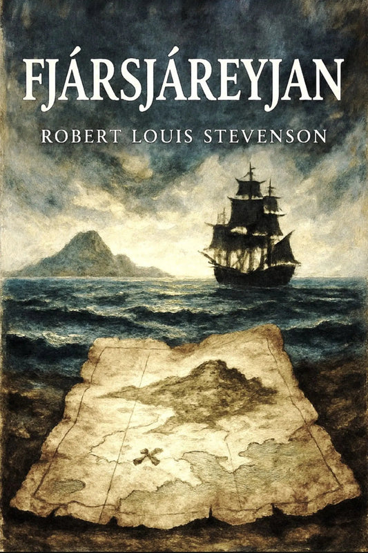 Book cover for 'Fjársjáreyjan' by Robert Louis Stevenson, featuring an illustrated seascape with a sailing ship, stormy sky, island, and an open treasure map in the foreground.
