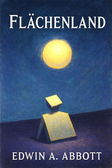 Book cover for 'Flächenland' by Edwin A. Abbott, featuring a textured blue night sky with a glowing yellow moon and a small yellow geometric figure on a dark blue ground.