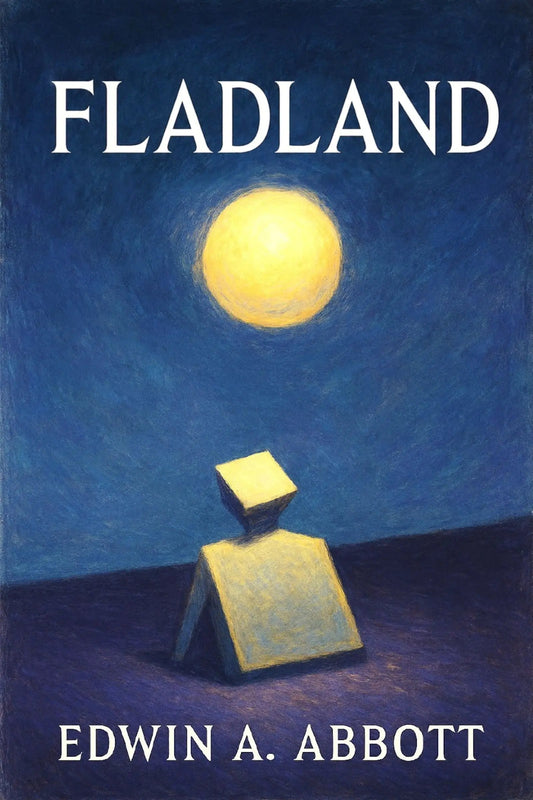 Book cover for 'Fladland' by Edwin A. Abbott, featuring a painted night scene with a glowing yellow moon and a small yellow figure against a deep blue textured sky and dark ground.
