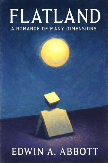 Book cover of 'Flatland: A Romance of Many Dimensions' by Edwin A. Abbott with a geometric figure and sphere.