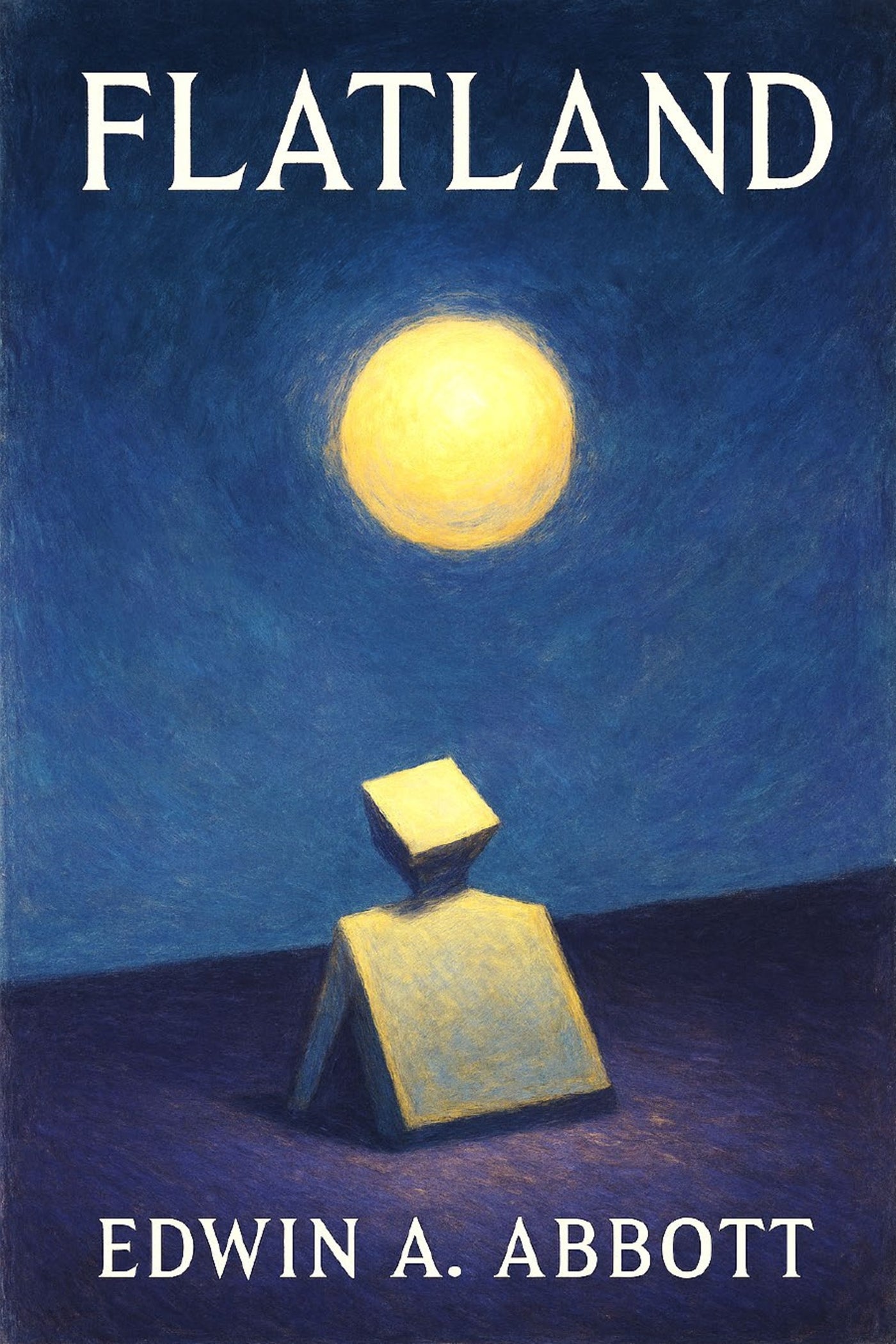 Book cover of 'Flatland' by Edwin A. Abbott with a geometric figure and moon illustration.