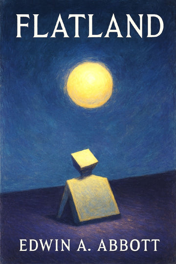 Book cover of 'Flatland' by Edwin A. Abbott with a geometric figure and moon illustration.