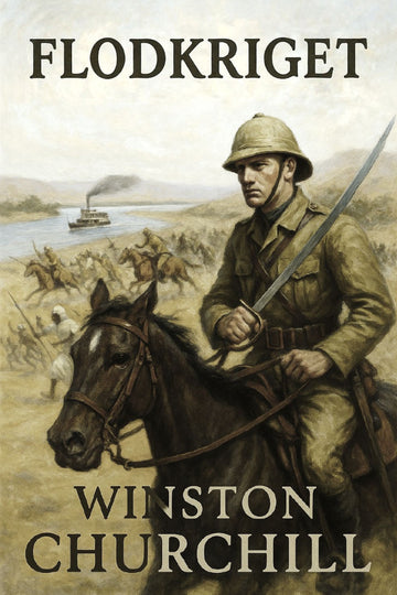 Book cover of 'Flodkriget' by Winston Churchill featuring a soldier on horseback with a sword.