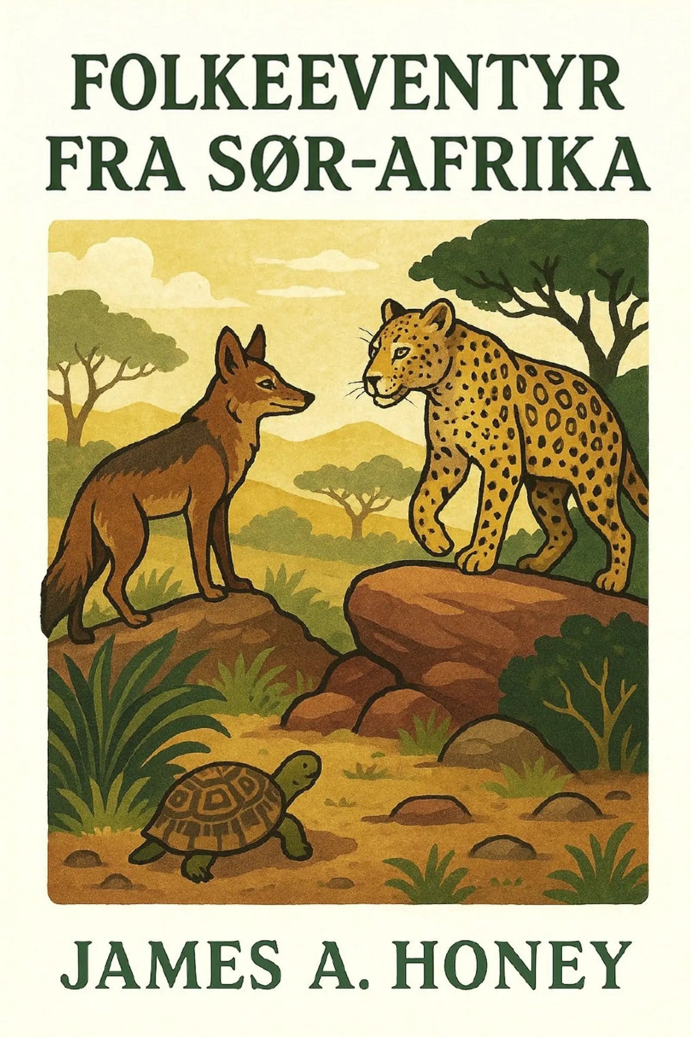 Book cover of 'Folkeeventyr fra Sør-Afrika' with illustrations of a fox, leopard, and tortoise in an African landscape.