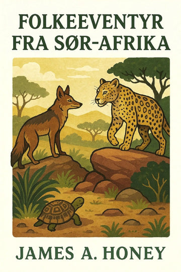 Book cover of 'Folkeeventyr fra Sør-Afrika' with illustrations of a fox, leopard, and tortoise in an African landscape.