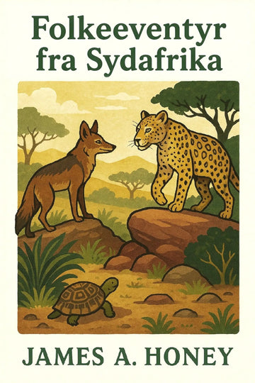 Book cover for 'Folkeeventyr fra Sydafrika' by James A. Honey, featuring a vintage-style illustration of a fox, leopard, turtle, and acacia trees on an off-white background.