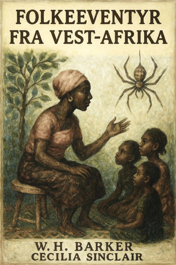 Book cover of 'Folkeeventyr fra Vest-Afrika' with illustration of a woman and children, spider, and tree.