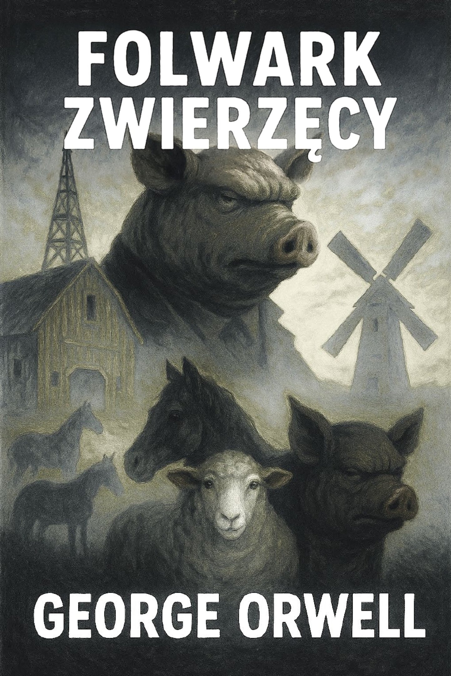 Book cover of 'Folwark zwierzęcy' by George Orwell with animals and a windmill.