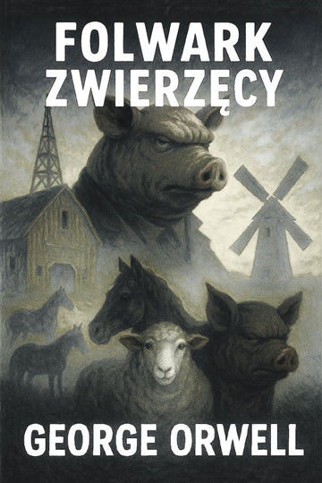 Book cover of 'Folwark zwierzęcy' by George Orwell with animals and a windmill.