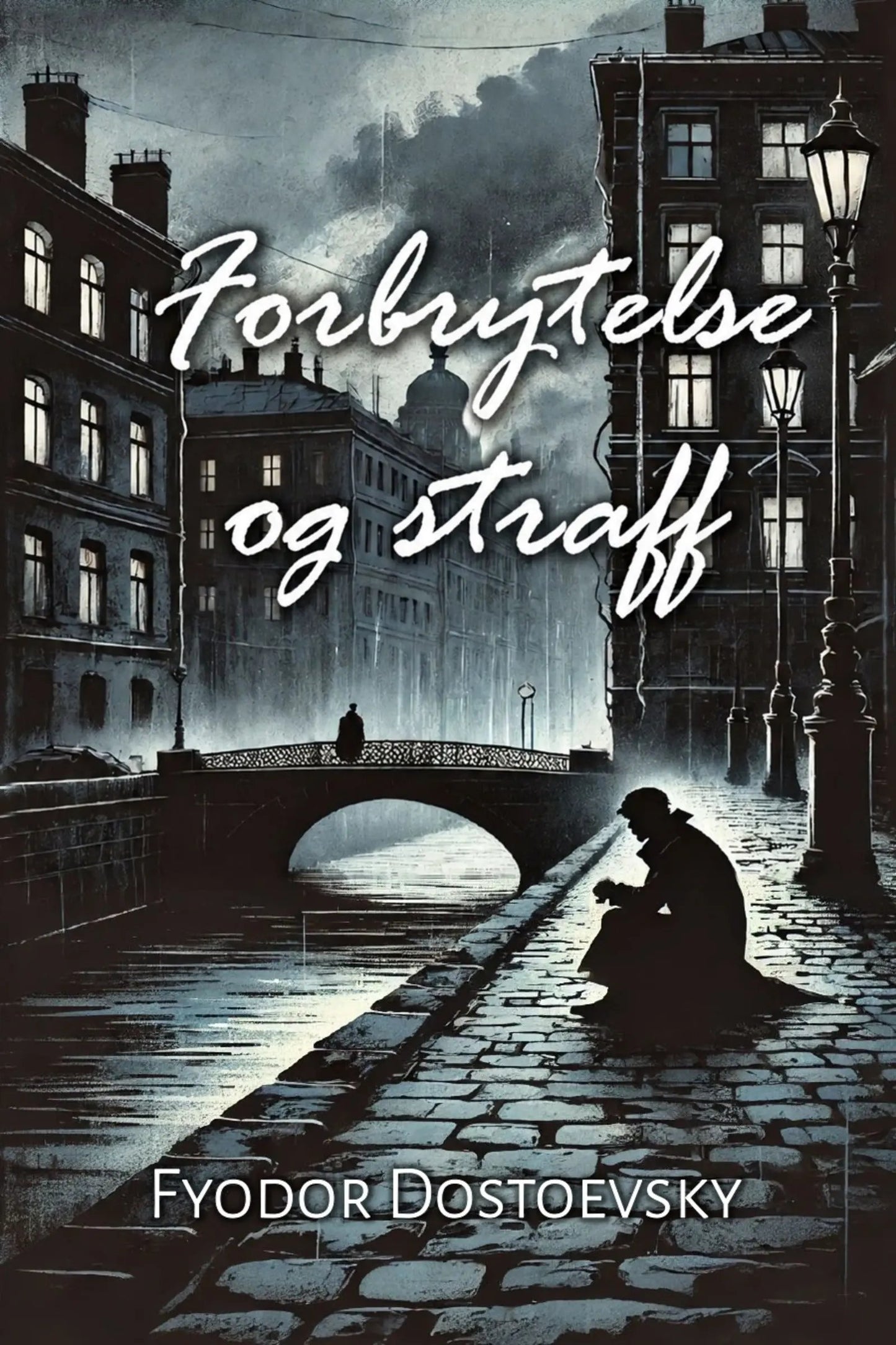 Book cover of 'Forbrytelse og straff' with a dark, urban scene and text overlay.