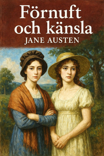 Book cover of 'Förnuft och känsla' by Jane Austen with a painting of two women in hats.