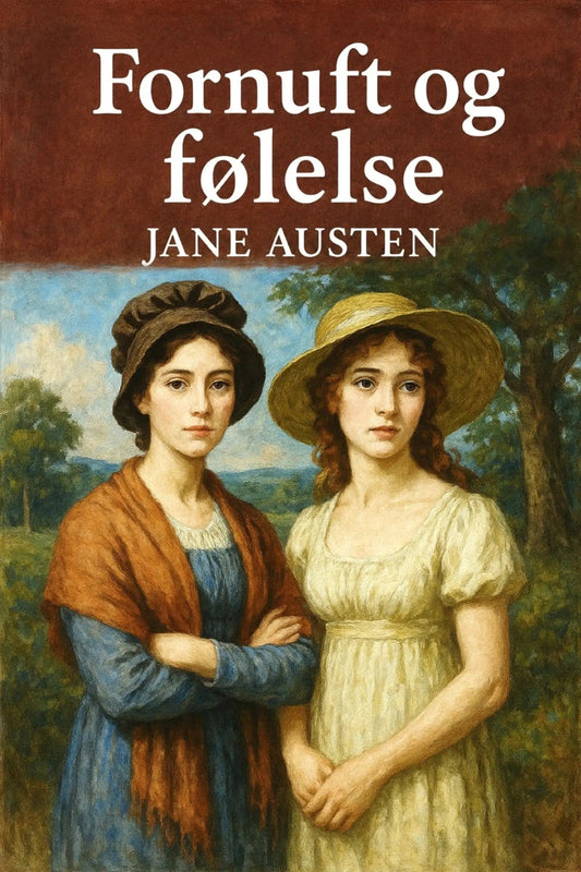 Book cover for Jane Austen's 'Fornuft og følelse' featuring a painted portrait of two young women standing outdoors, with the title in large white text at the top and the author name below.