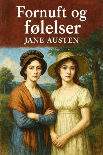 Book cover of 'Fornuft og følelser' by Jane Austen with a painting of two women in hats.