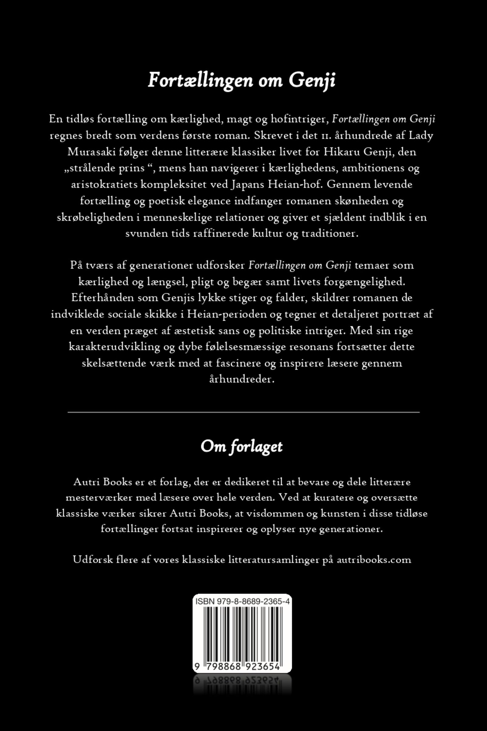 Book cover of Fortællingen om Genji with text in danish on a black background