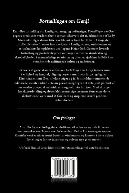 Book cover of Fortællingen om Genji with text in danish on a black background