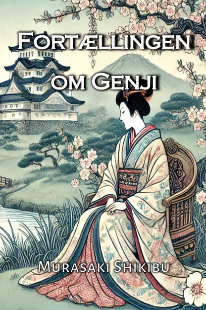 Book cover of 'Fortællingen om Genji' with a traditional Japanese scene and character.