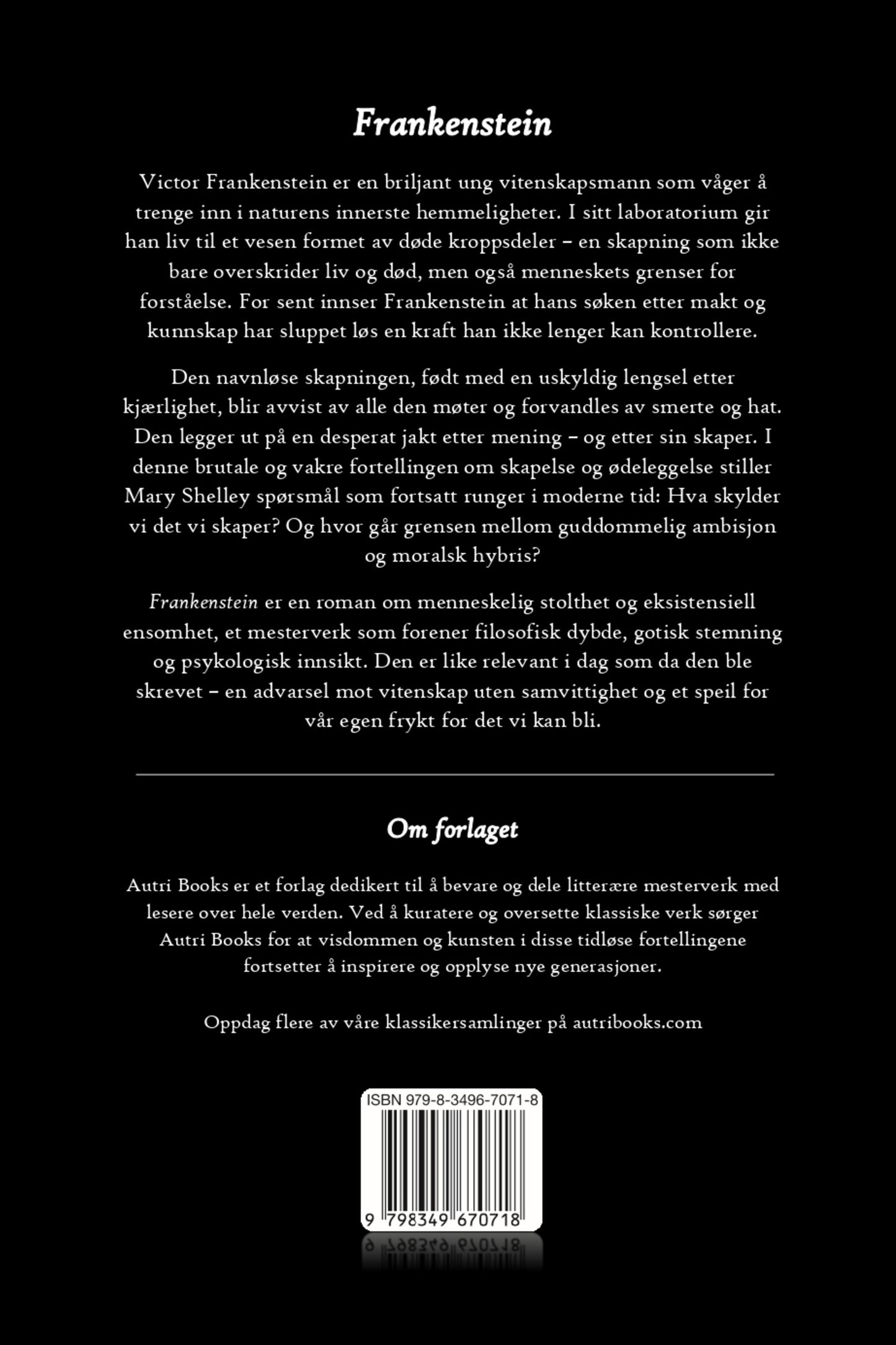 Back cover of a book titled 'Frankenstein' with norwegian text and a barcode.